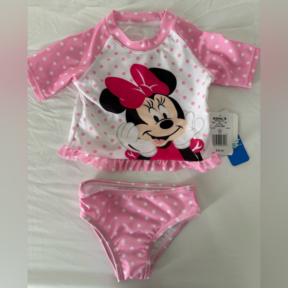 Disney Pink and White Minnie Mouse Rashguard Swim Set